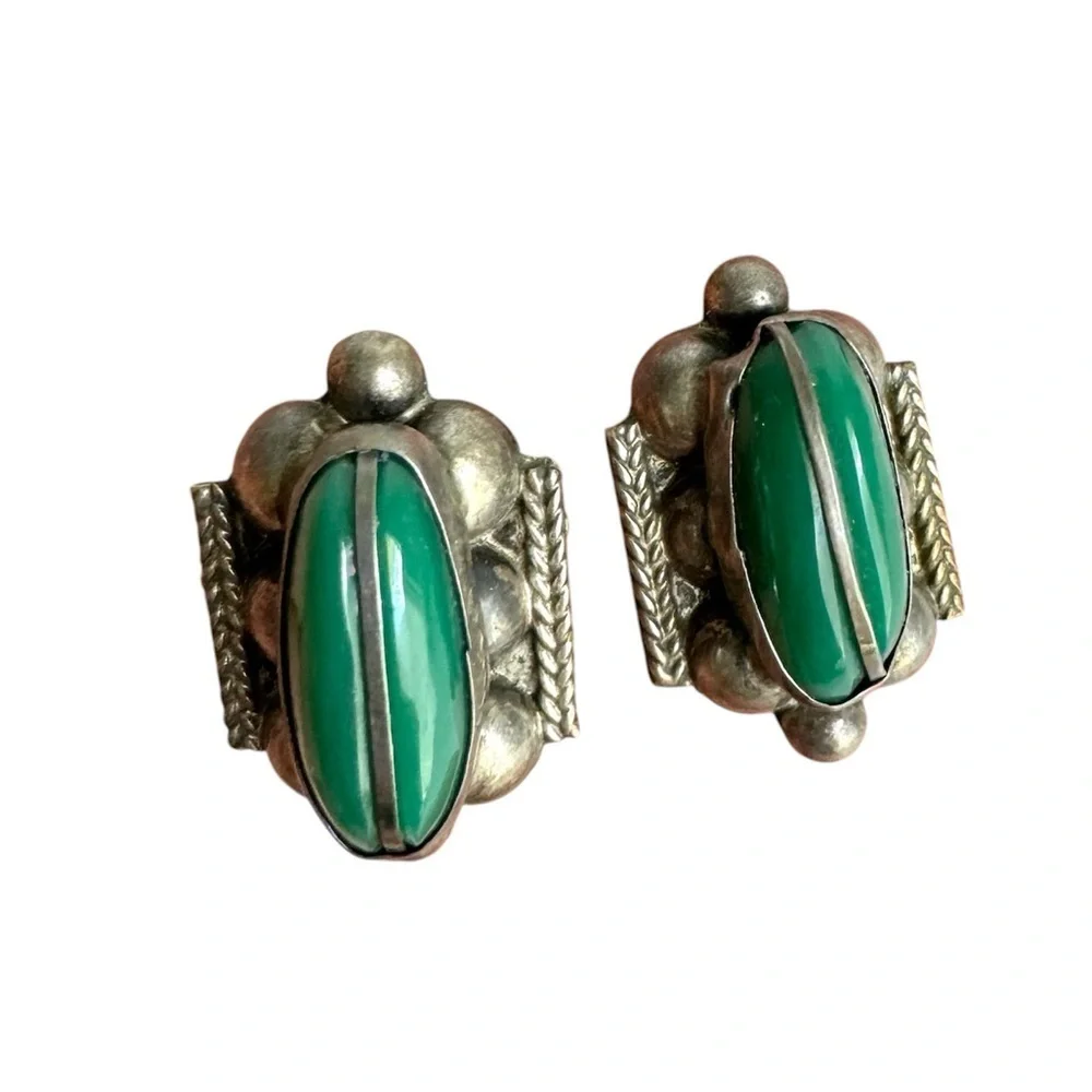 Vintage Green Onyx Earrings Sterling Silver Screw Back‎ 925 Alpaca Mexico Signed
